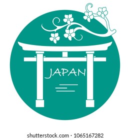 Branch of cherry blossoms and torii, ritual gates. Japan traditional design elements. Travel and leisure.