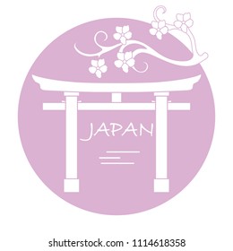 Branch of cherry blossoms and torii, ritual gates. Japan traditional design elements. Travel and leisure.