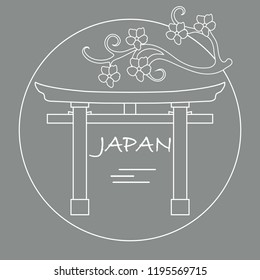 Branch of cherry blossoms and torii, ritual gates. Japan traditional design elements. Travel and leisure.