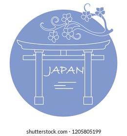 Branch of cherry blossoms and torii, ritual gates. Japan traditional design elements. Travel and leisure.