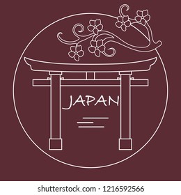 Branch of cherry blossoms and torii, ritual gates. Japan traditional design elements. Travel and leisure.