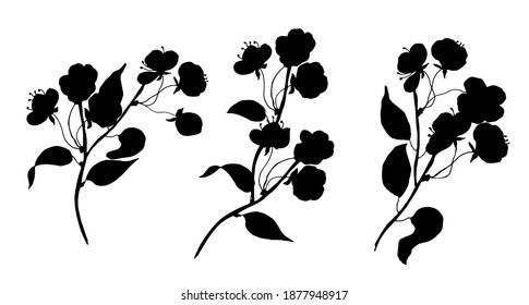 Branch with cherry flowers. Vector illustration. Black silhouette.