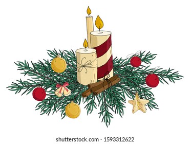 A branch with Christmas decorations. Elements for New Year's design.