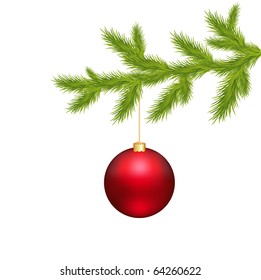 Branch Of Christmas Tree And Christmas Ball, Isolated On White Background, Vector Illustration