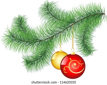The branch of a Christmas tree with balls