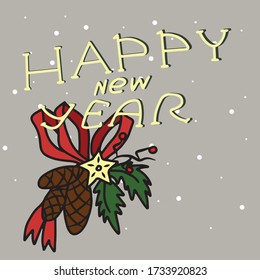 A branch of a Christmas tree and berries, cones are tied with a red ribbon with a bow and stars.Holiday
 Design of greeting cards and banners