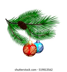 The branch of a Christmas tree with cones and Christmas tree decorations, isolated on white background
