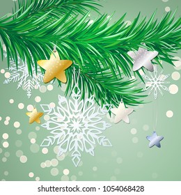 A branch of a Christmas tree with needles and toys on New Years Eve. Vector illustration