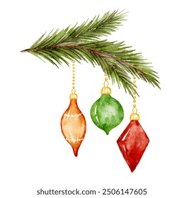 Branch Christmas tree with ornaments balls, xmas vector composition