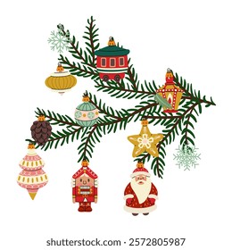 branch of Christmas tree with retro-style Christmas balls. Soviet glass toys in flat style. Santa Claus, pinecone, nutcracker, snowflake. Decor for Christmas, New Year, holidays. isolated on a white