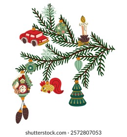 branch of a Christmas tree with retro-style Christmas balls. Soviet glass toys in flat style. car, Christmas tree, candle. Decor for Christmas, New Year and holidays. Hand-drawn isolated on a white