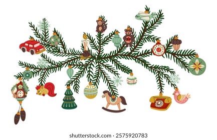 branch of a Christmas tree with retro-style Christmas balls, double-sided decoration. Soviet glass toys in a flat style. variety of animals and objects. Decor for Christmas, New Year, and holidays