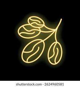 Branch with coffee beans glowing yellow neon light on a black background