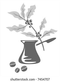 Branch of a coffee tree, cezve and coffee grains on a white background.