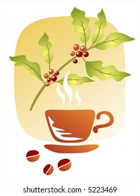 Branch of a coffee tree, cup and coffee grains on a white background.