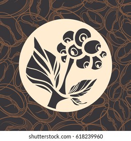 Branch of coffee tree with leaves and beans. Vector silhouette. Logo, symbol, emblem design. 