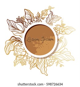 Branch of coffee tree with leaves, flowers and coffee beans. Botanical drawing in circle. Floral decor for design template. Place for text. Vector illustration for greeting card, wallpaper, background