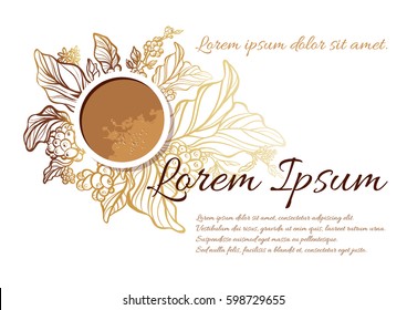 Branch of coffee tree with leaves, flowers and coffee beans. Botanical drawing in circle. Floral decor for design template. Place for text. Vector illustration for greeting card, wallpaper, background