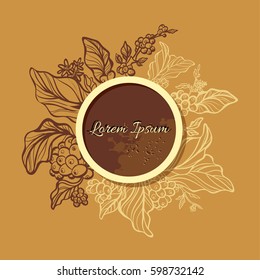 Branch of coffee tree with leaves, flowers and coffee beans. Botanical drawing in circle. Floral decor for design template. Place for text. Vector illustration for greeting card, wallpaper, background