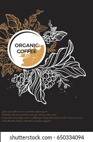 Branch of coffee tree with leaves, flowers and coffee beans. Botanical drawing in circle. Floral decor for organic product. Vector illustration for template, menu, background