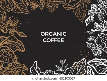 Branch Of Coffee Tree With Leaves, Flowers And Coffee Beans. Botanical Drawing In Circle. Floral Decor For Organic Product. Vector Illustration For Template, Menu, Background