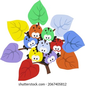 a branch with colorful leaves and beetles, a children's game plant a bug on a leaf of a tree, vector drawing