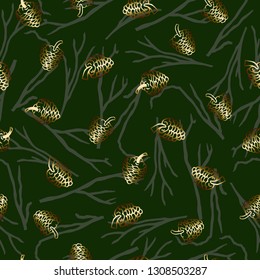 Branch and cone. Deep forest. Seamless botanical pattern. Vector illustration. Green background. For cloth, fabric, wrapping paper, home decor.
