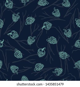 Branch and cone. Plant silhouette. Seamless botanical pattern. Vector illustration. Dark blue background. For cloth, fabric, wrapping paper, home decor.