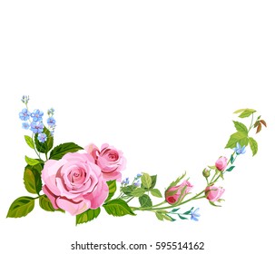 Branch curly pink rose, bouquet with blue flowers forget-me-not, buds, green stems, leaves on white background, digital draw illustration, concept for design, vintage, vector