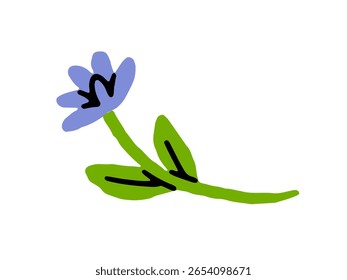 Branch of cute cornflower. Stem of knapweed with green leaves. Blue wildflower, fresh wild flower. Blooming meadow plant. Floral decor. Flat isolated hand drawn vector illustration on white background