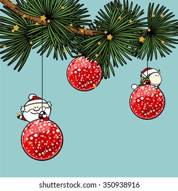 Branch of a decorated Christmas tree with cute tiny Santa Claus and fairy girl