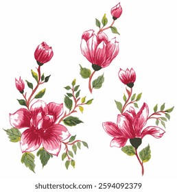 branch of different magnolia. seamless vector pattern with pink magnolia flowers and tropical leaves. Magnolia flowers vector elements. hand drawn watercolor flower branch.