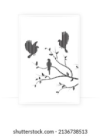 Branch and doves silhouette isolated on white background, vector. Scandinavian minimalist poster design in frame. Modern wall art,  artwork. Graphic design, Geometric tropical bird