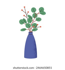 Branch of eucalyptus with red berries in pottery vase. Stylish home flower in ceramic pot. Composition of plant twigs. Floral interior decoration. Flat isolated vector illustration on white background