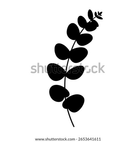 A branch of eucalyptus with round leaves, shown as a solid black silhouette. A simple botanical icon for aromatherapy or wellness branding.