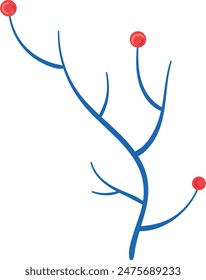 Branch featuring vibrant blue stems accented bright red circles. Artistic depiction plant element minimalistic design isolated white background. Simple modern botanical illustration naturethemed