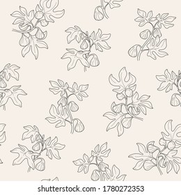Branch of fig tree. Trendy contour seamless pattern with twig. Vector naturalistic illustration.