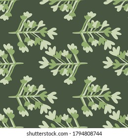Patrón botánico sin fisuras. Fondo verde oscuro con elementos verde pastel. Fondo decorativo para papel pintado, papel envolvente, papel textil, tela. Ilustración vectorial.