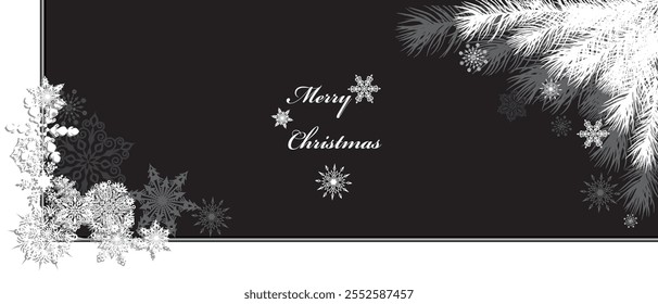  branch of a fir tree and white snowflakes on a black background  wish you a Happy New Year and Christmas