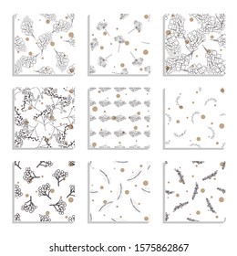 branch, floral design elements monochrome,vector seamless pattern background set