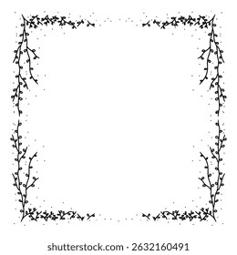 branch flower. black and white frame. square frame with botanical vector isolated illustration transparent background
