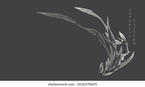 Branch of flower elements with Chinee painting brush stroke illustration. Japanese background with Asian traditional icon vector. Natural art with black background in vintage style.