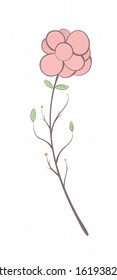 Branch with flower and leaves in bright colors on a sheet of notebook in vintage style.