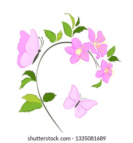 Branch of a flowering tree with butterflies. Spring, bloom.

