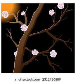 a branch of a flowering tree under the moonlight at night. bright stylized drawing