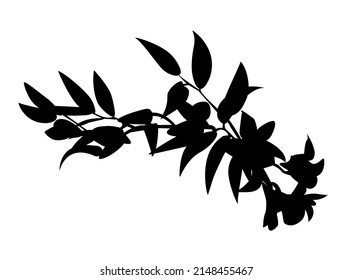 Branch with flowers. Black silhouette isolated on white background.