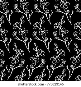 Branch with flowers of cherry vector illustration. Doodle style. Design, print, decor, textile, paper