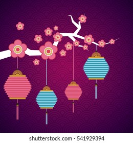 branch with flowers and chinese lanterns decorations hanging over purple background. colorful design. vector illustration