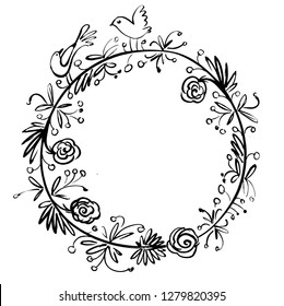 Branch with flowers, frame, ink drawing