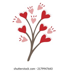 Rama con flores de forma cardíaca. El amor y el concepto de San Valentín. Elemento de diseño para tarjetas de felicitación, invitaciones, carteles. Ilustración vectorial dibujada a mano.